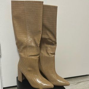 Katari Nude Croc Pointed-Toe Knee High Boots